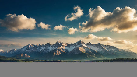 Mountain landscape with snow-capped peaksの写真素材