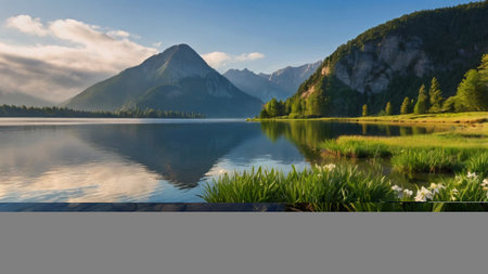 Panoramic view of the lake and mountains in the background.