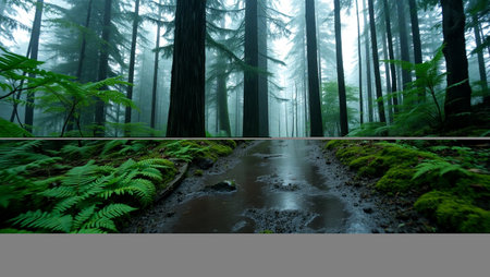 Collage of three images of a forest with fog in the background