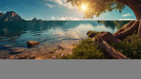 Beautiful seascape. Panoramic view of the lake and mountains.の写真素材
