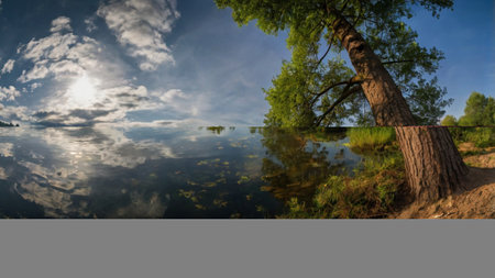 beautiful summer landscape with a lake and a tree in the foreground