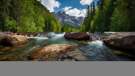 Panoramic view of a mountain river in the Altai mountains