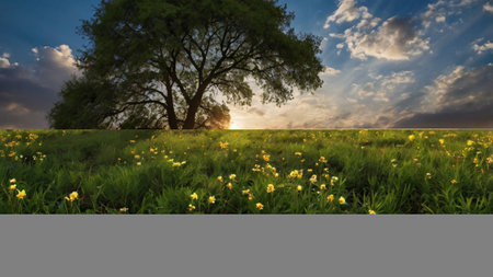 Sunset over the meadow with daffodils and tree