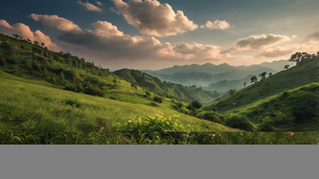 Beautiful landscape of green hills with blue sky and clouds at sunset