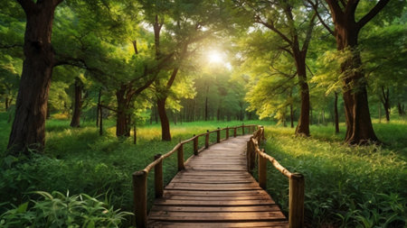 Wooden walkway in the green forest with sunlight, nature backgroundの写真素材