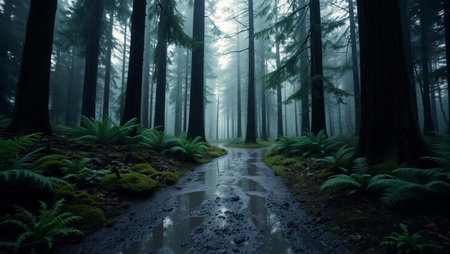 Redwood forest in a foggy misty day, New Zealandの写真素材