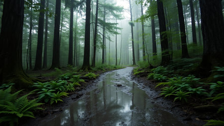 Foggy forest with puddles of water in the foreground
