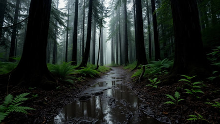 Dark forest with fog and water puddles in the foreground.