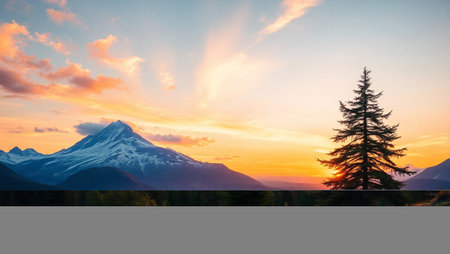 Mountain landscape at sunset. Beautiful alpine scenery with a coniferous tree in the foreground.の写真素材