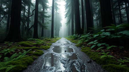 Foggy pathway in the forest with trees and fernsの写真素材