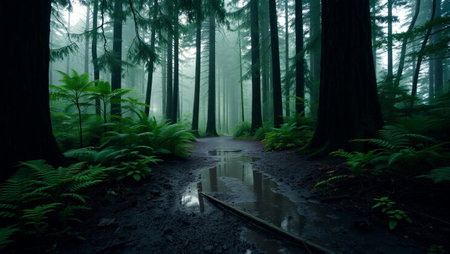 Misty forest with a river flowing through it and trees in the foreground