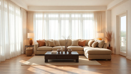 Interior of a modern living room with beige leather sofasの写真素材