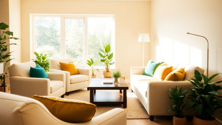 Interior of a living room with white sofas and sofaの写真素材