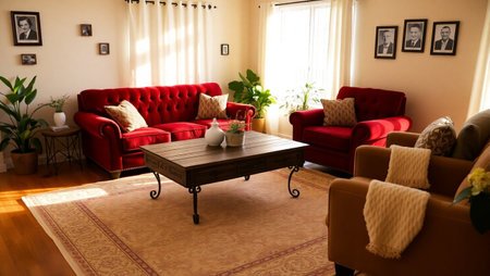 Interior of a living room with a red sofa and a coffee tableの写真素材