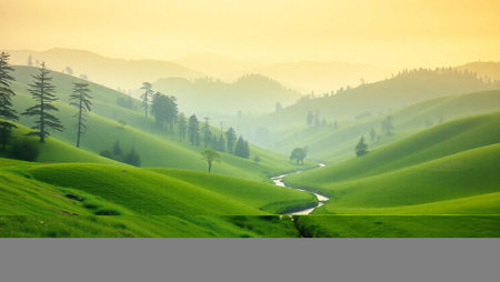 Beautiful landscape of rolling hills in the morning light at sunrise.