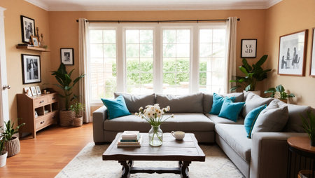 Living room interior with sofa, coffee table and flowers in vase