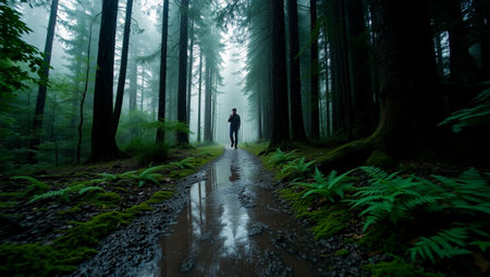 Man walking through a wet forest path in a foggy day.の写真素材