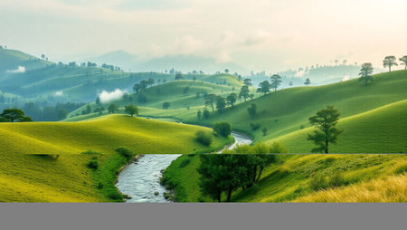 Beautiful landscape of green hills and mountain river in the morning.の写真素材