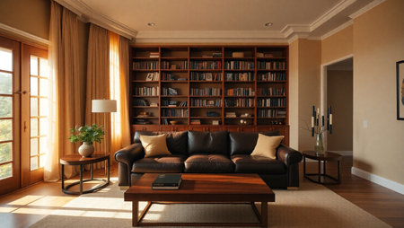 Interior of modern living room with leather sofa and bookshelfの写真素材