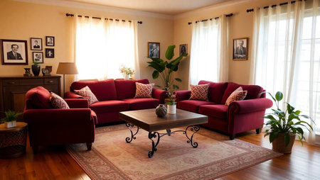 Interior of a living room with a red sofa and a coffee table