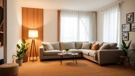 Interior of a living room with a sofa and a coffee tableの写真素材