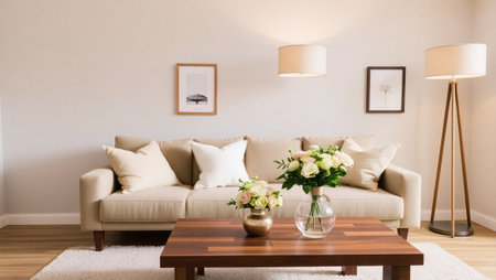 Living room interior with sofa, lamp and vase with peonies