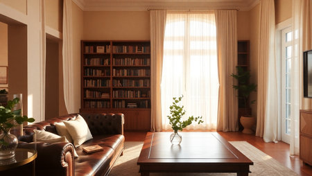 Interior of a living room with a sofa and a bookcaseの写真素材