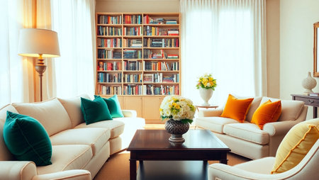 Living room interior design with sofa, bookshelf and coffee table