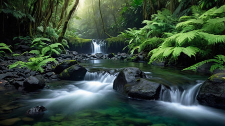 Beautiful waterfall in deep rain forest, tropical rainforest, nature background