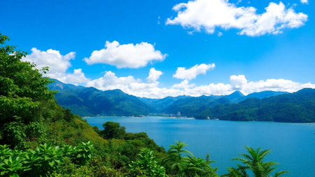 landscape view of lake and mountains under the blue sky with cloudsの写真素材