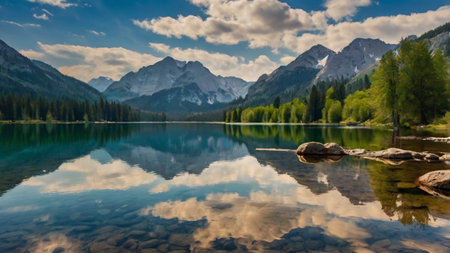 Beautiful alpine lake with reflection in the water, Dolomites, Italy