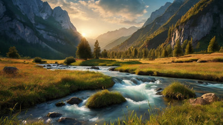 Mountain river at sunset.