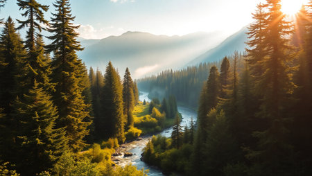 Beautiful landscape with mountain river and forest in the morning light.の写真素材