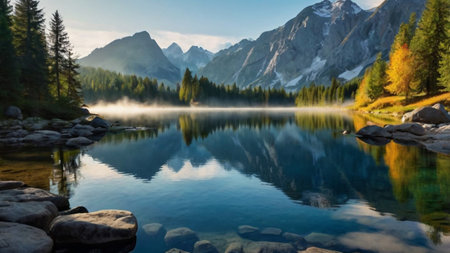 Mountain lake with reflection of the mountains and forest in the waterの写真素材