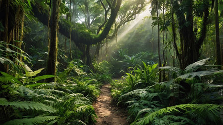 Beautiful tropical rainforest with sunbeams in the morning.の写真素材