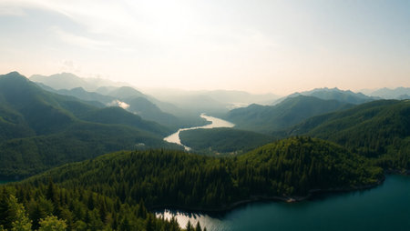 Beautiful summer landscape with a small river and high mountains in the background