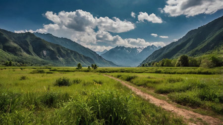 Panoramic view of mountains and meadows. Caucasus, Russiaの写真素材