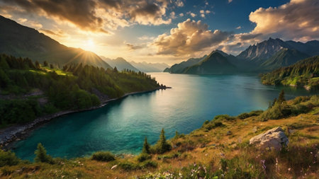 Panoramic view of the lake in the mountains at sunset.の写真素材