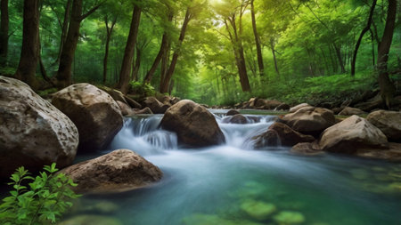 Mountain river flowing through the forest, long exposure, panorama