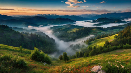 Foggy morning in the Carpathian mountains. Ukraine, Europe.