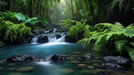 Fantastic summer landscape. Picturesque panoramic view of majestic mountain lake. Beauty world.