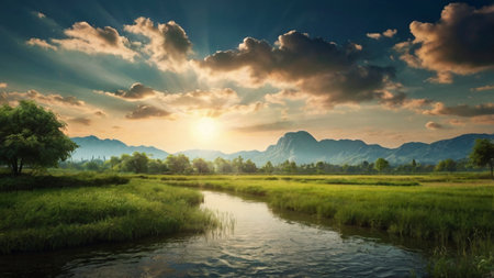 Landscape scenery view of river and mountain at sunset, Thailand.の写真素材