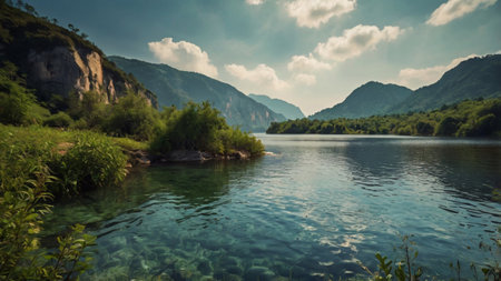 Lake in the mountains. Beautiful summer landscape with lake and mountains.