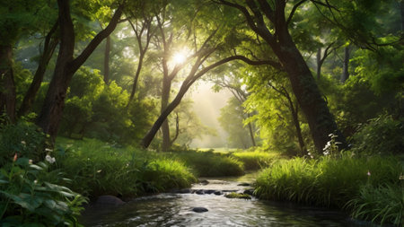 beautiful landscape of green forest with river and sunlight in the morning