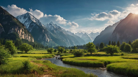 Mountain landscape with river and meadow in the foreground, Himalayas, Nepal