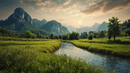Beautiful landscape of karst mountains and river at sunset in Chinaの写真素材