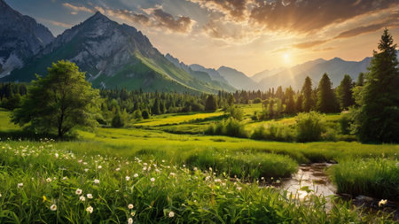 Beautiful summer landscape with a mountain river and green meadow.