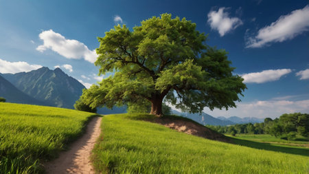 Lonely tree on a meadow and mountains in the background