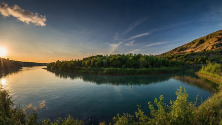 Beautiful summer landscape with river and forest at sunset. Panoramaの写真素材