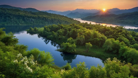 Beautiful summer landscape with river and forest at sunset. Panoramaの写真素材